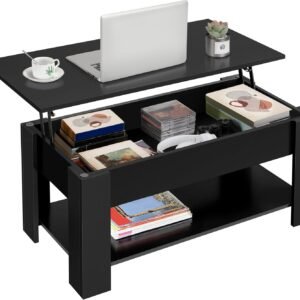 Yaheetech Wooden Coffee Table, Lift Top Coffee Table with Large Hidden Storage Shelf, Lift Tabletop Dining Tables for Living Room, Home Small Space, 38.6in, Black