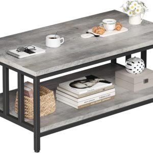 Homeiju Coffee Table for Living Room with Slatted Sides Frame, Modern Farmhouse Living Room Table with 2-Tier Storage Shelf for Home Office, Apartment, 39 inch Grey Wash
