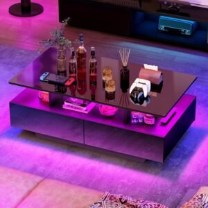 YITAHOME LED Coffee Table with Storage, High Glossy LED Coffee Tables for Living Room, Modern Black Rectangle Coffe Table, Small Center Table with Open Display Shelf & Sliding Drawers, Glossy Black