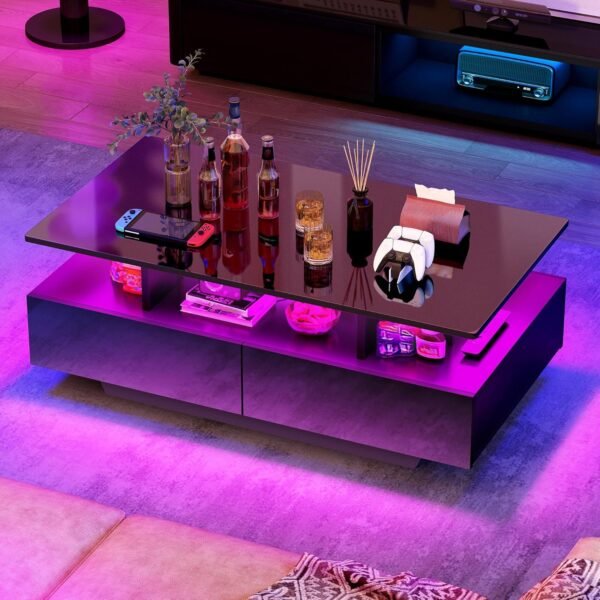 YITAHOME LED Coffee Table with Storage, High Glossy LED Coffee Tables for Living Room, Modern Black Rectangle Coffe Table, Small Center Table with Open Display Shelf & Sliding Drawers, Glossy Black